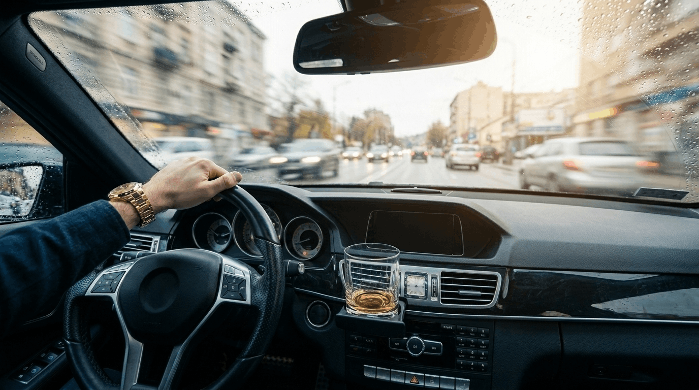 Whiskey glass on car dashboard showing reckless mens rea while driving intoxicated