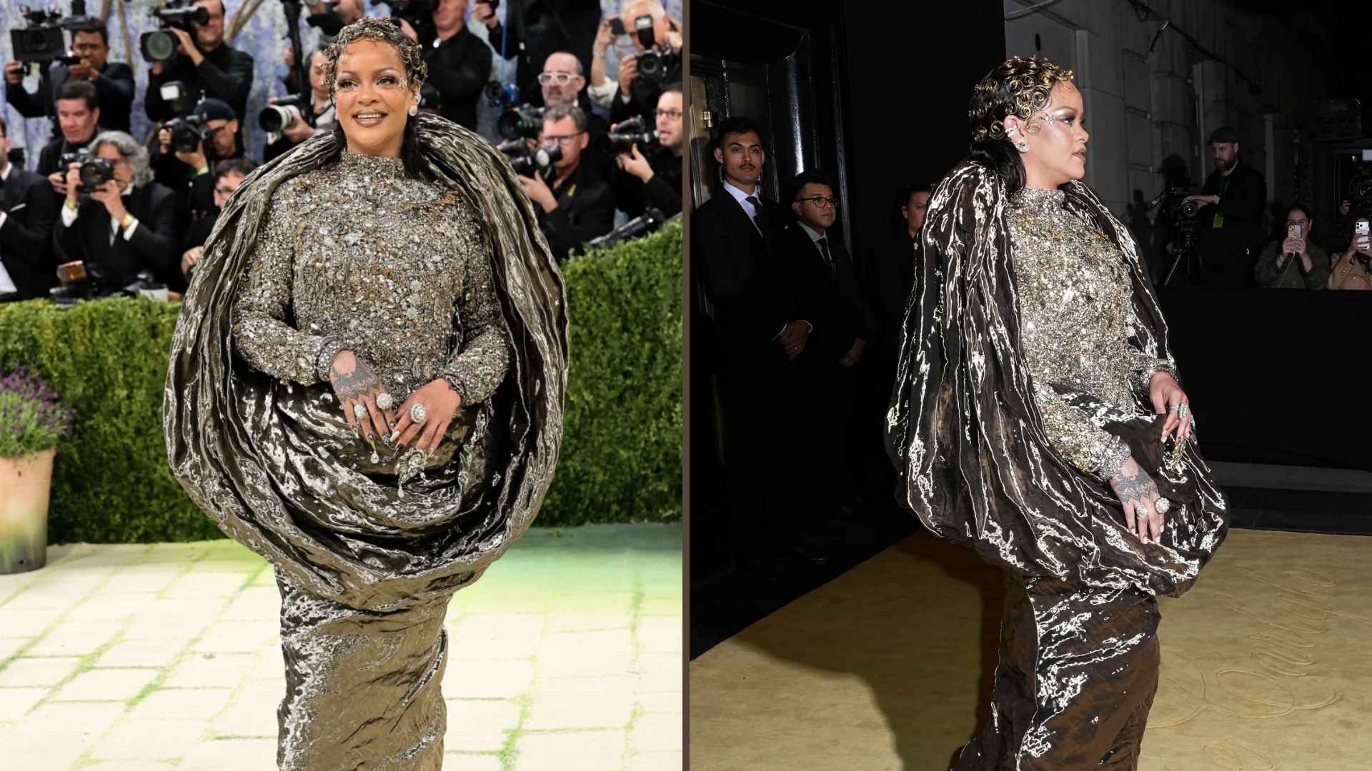 Rihanna in a glittering brown gown with dramatic styling at the Met Gala.