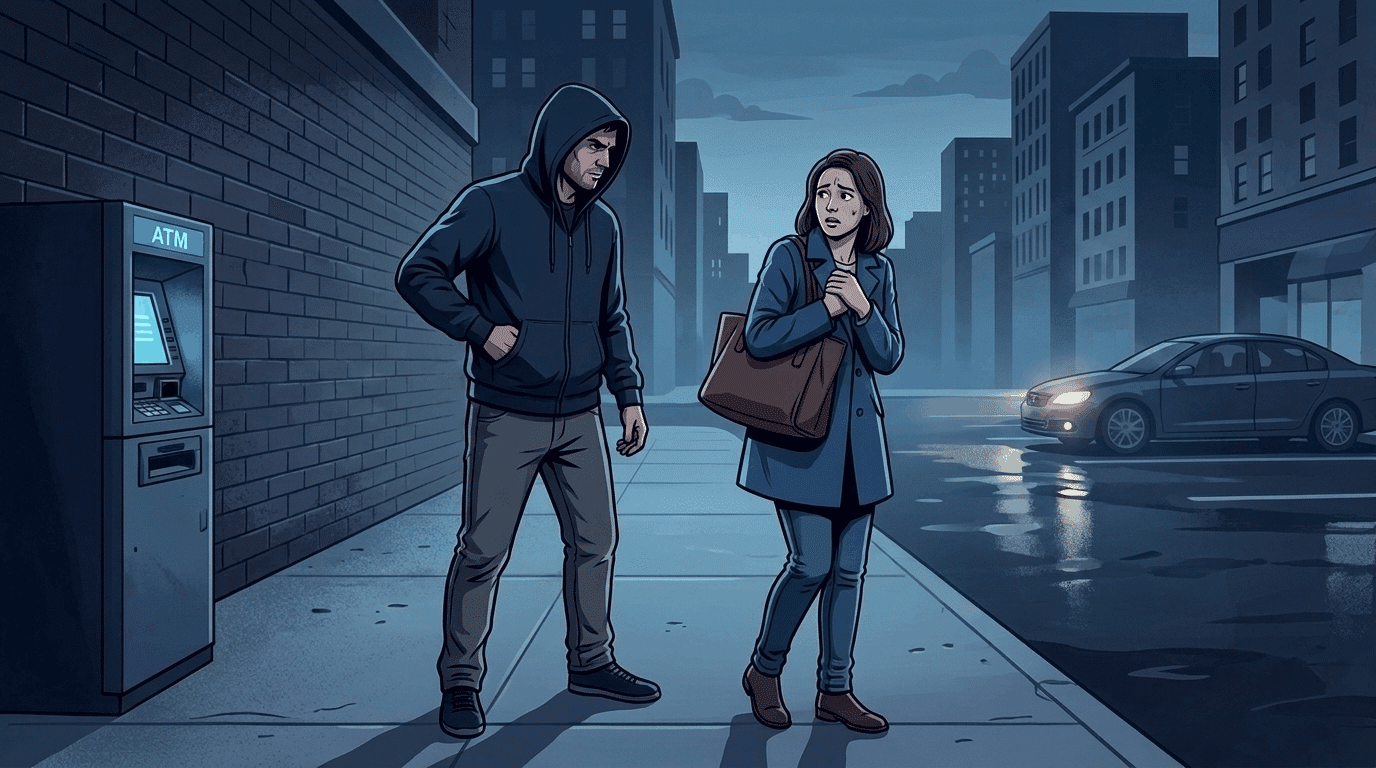 Scene showing a person threatening another with a hand in their pocket, implying a weapon.