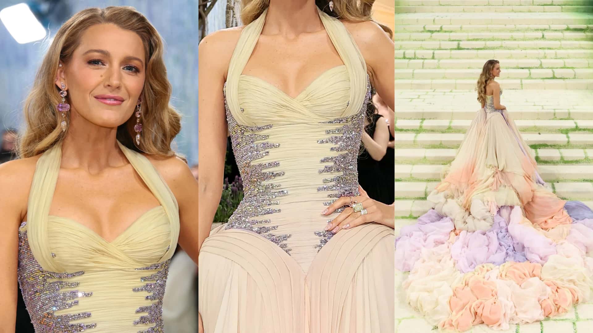 Close-up of Blake Lively’s 2022 Met Gala dress with beaded detailing and a pastel gradient, highlighting its transformation.