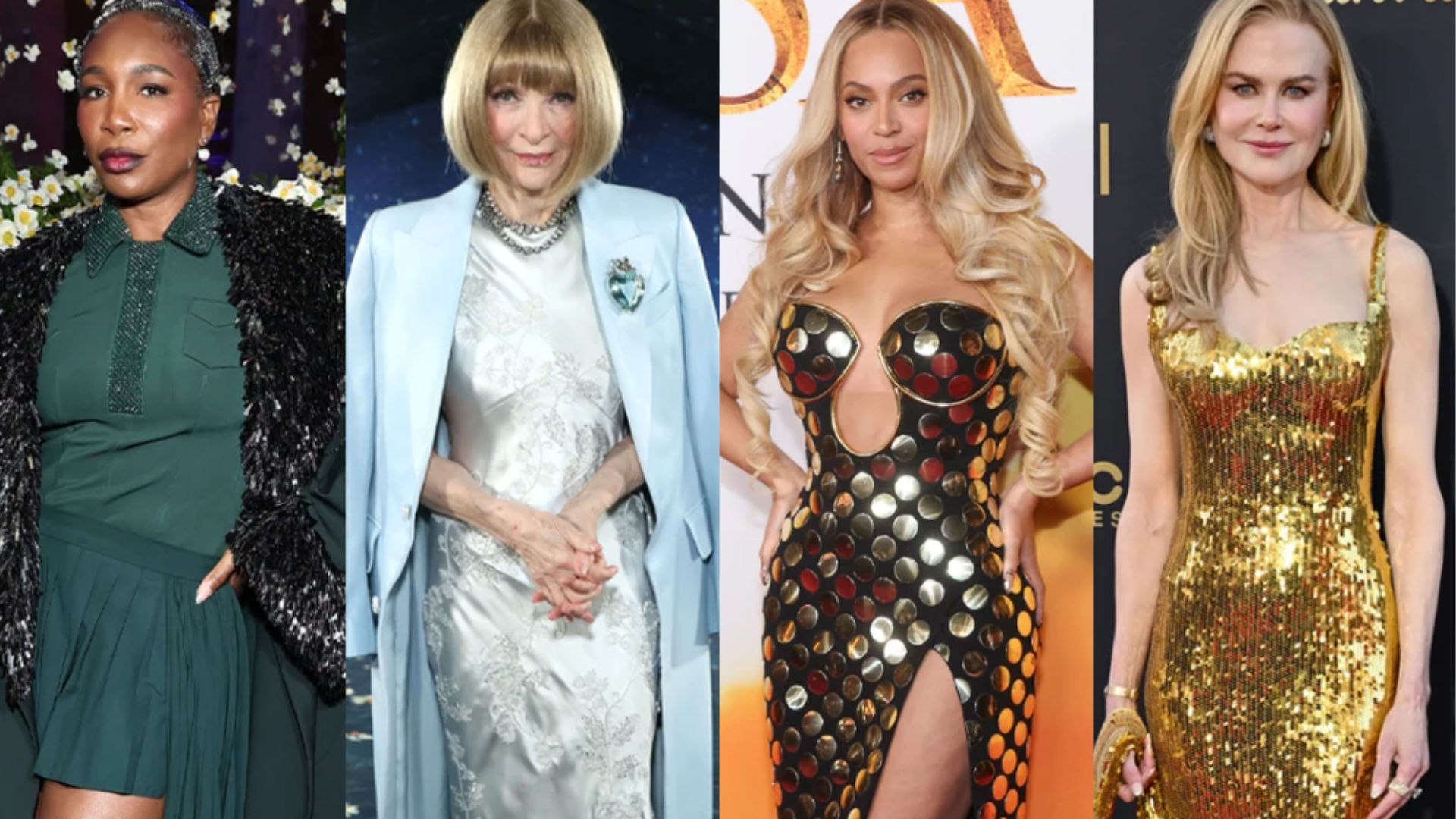 2026 Met Gala co-chairs Beyoncé, Nicole Kidman, Venus Williams, and Anna Wintour in red carpet portraits
