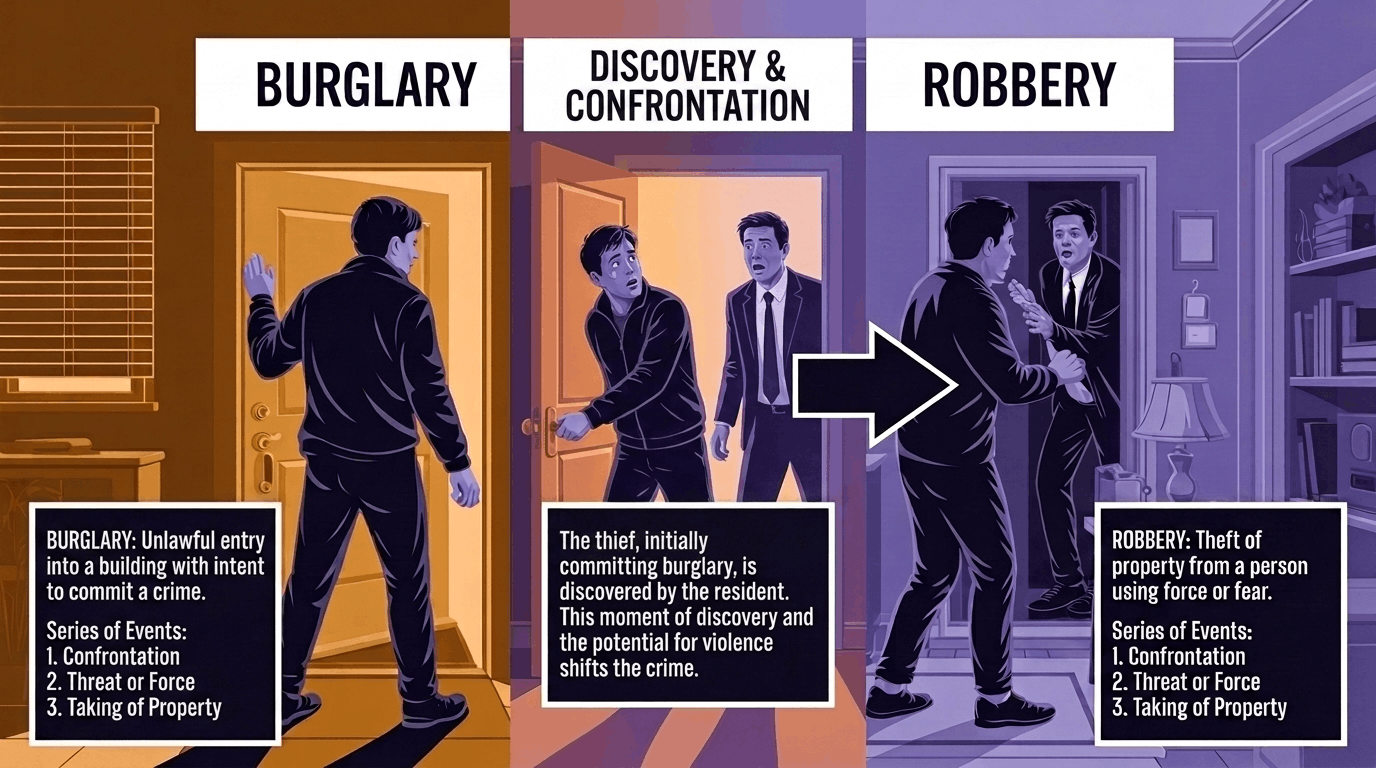 Diagram showing how burglary can lead to robbery charges when force is used.