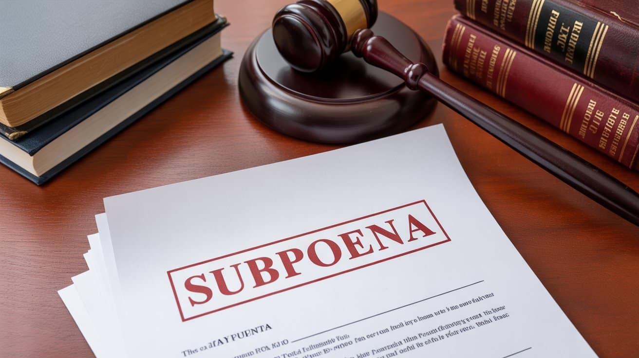 Legal document labeled subpoena on desk with gavel and law books, symbolizing court order authority.