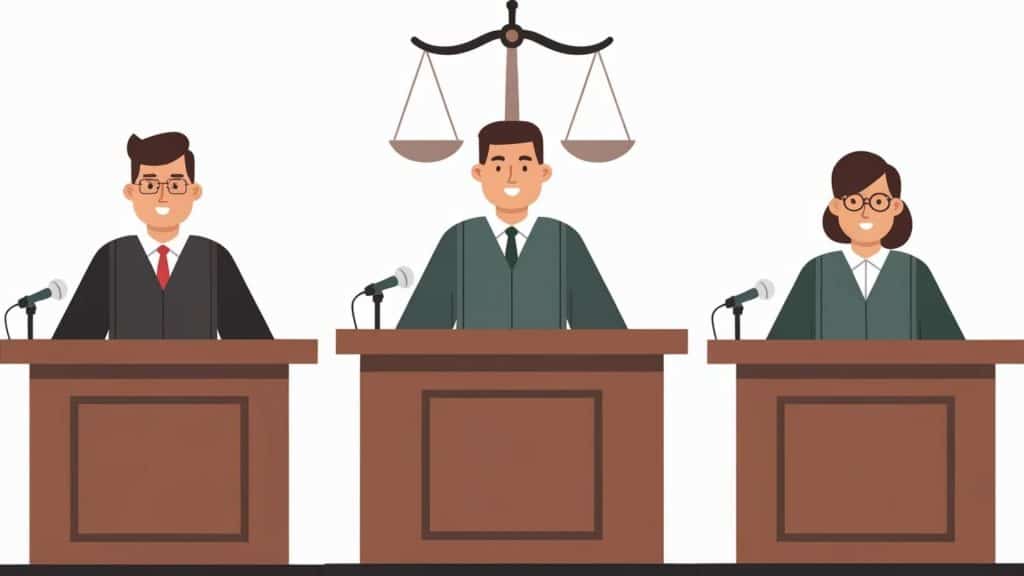 Flat illustration of three judges sitting at a wooden bench in a courtroom beneath the scales of justice.