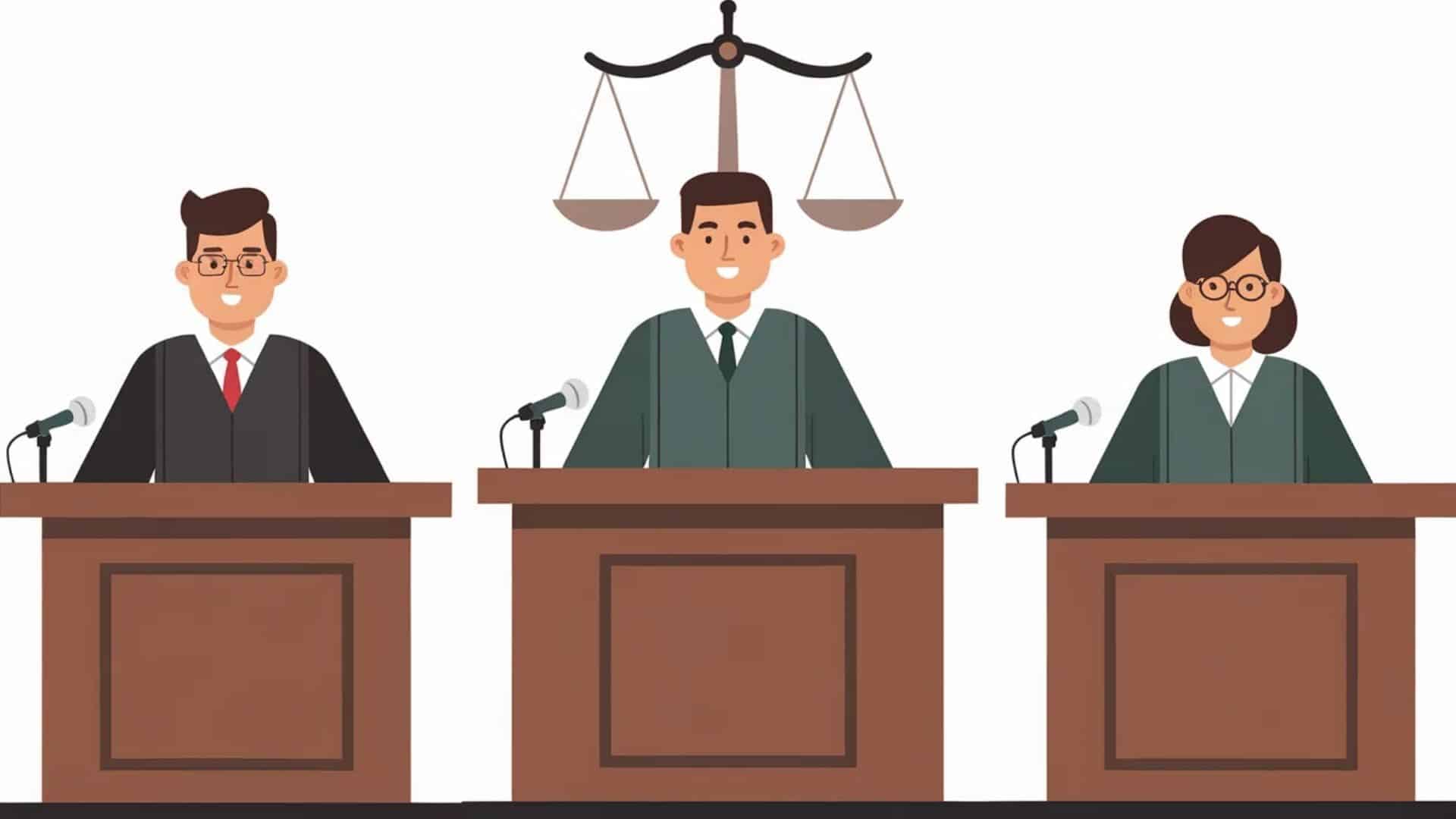 Flat illustration of three judges sitting at a wooden bench in a courtroom beneath the scales of justice.