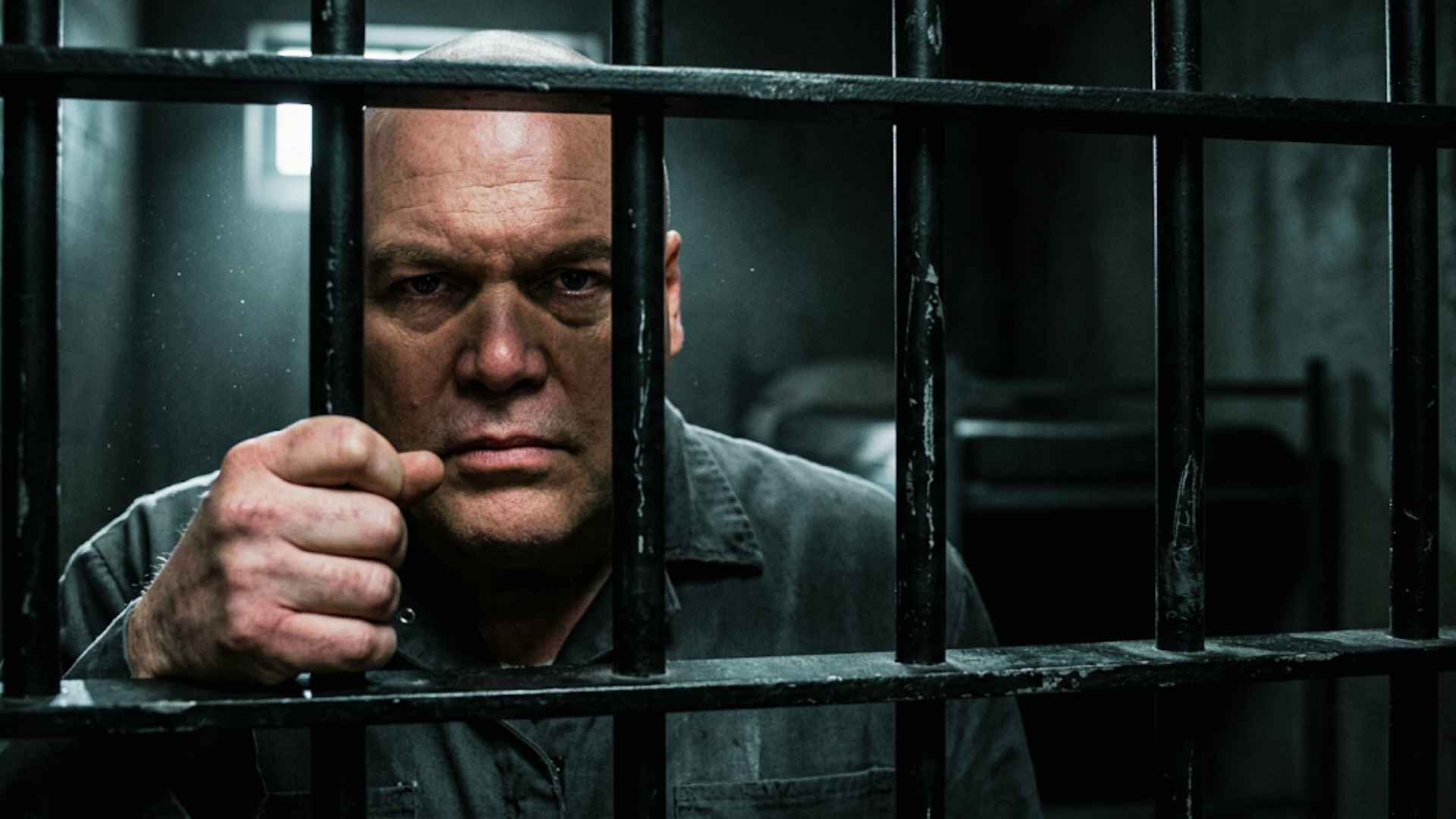 A close-up of Prisoner behind prison bars, looking directly at the camera with intensity.