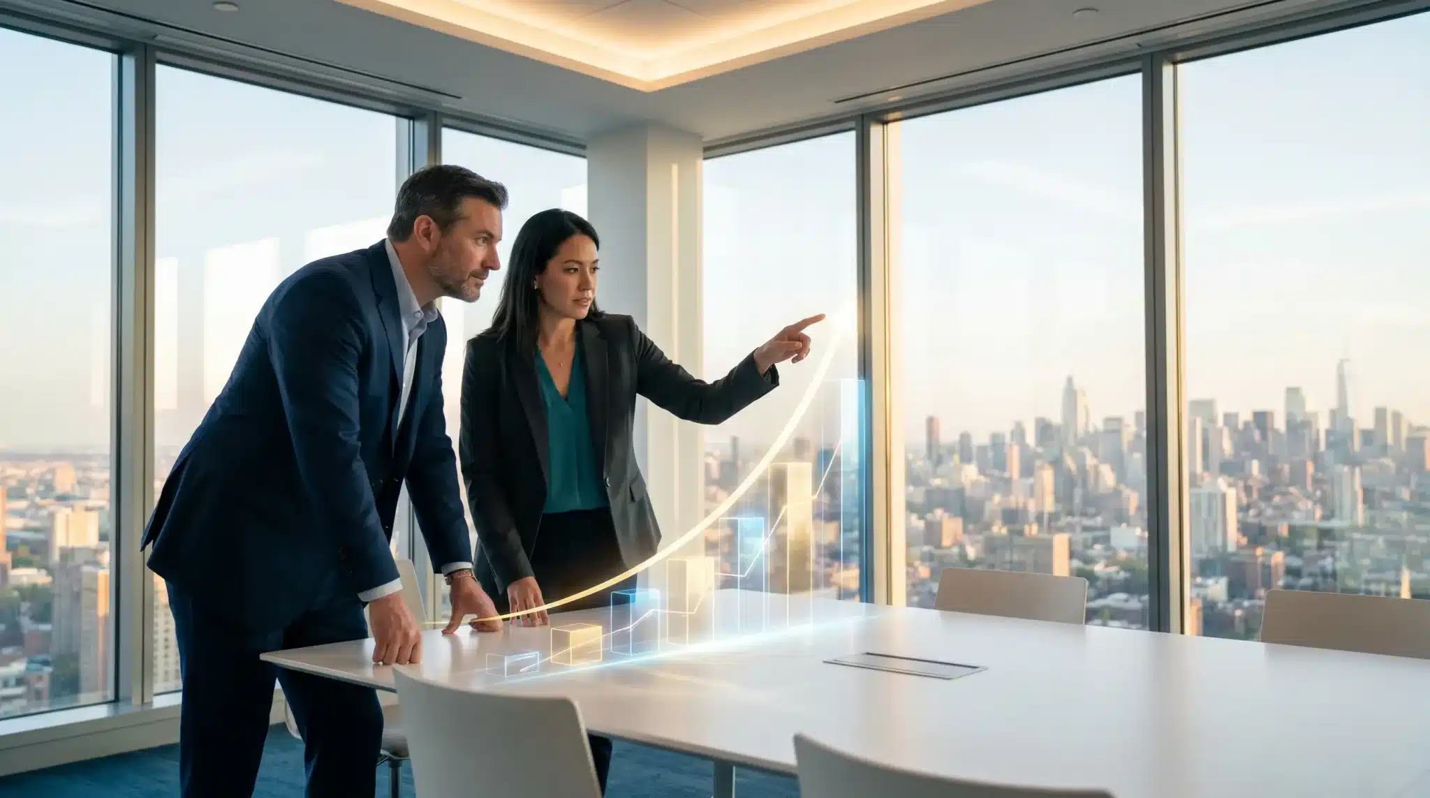 Two professionals analyzing a growing digital graph in a modern office with city skyline views