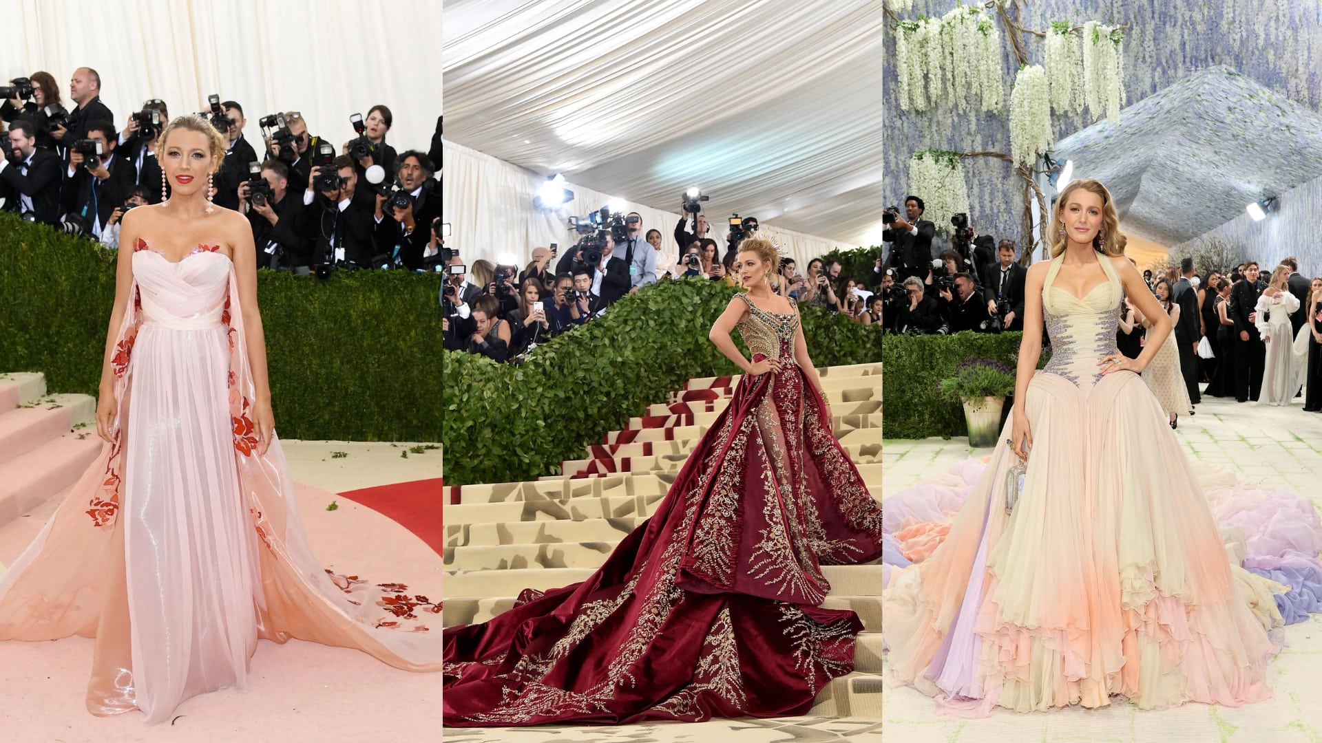 Blake Lively at the Met Gala showcasing iconic gowns, including a pastel floral dress, a burgundy gown, and a golden outfit.