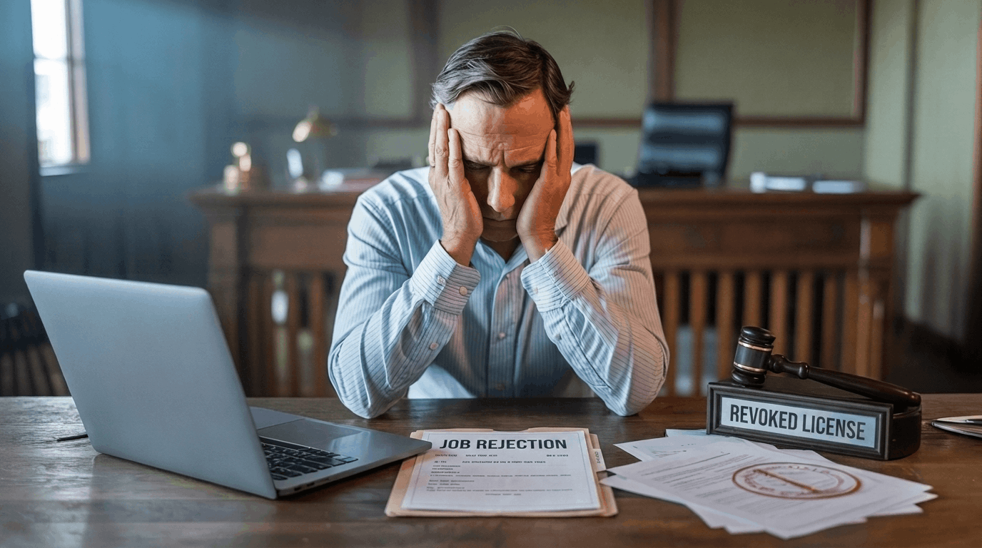 an stressed at desk with legal papers showing consequences of embezzlement charges.