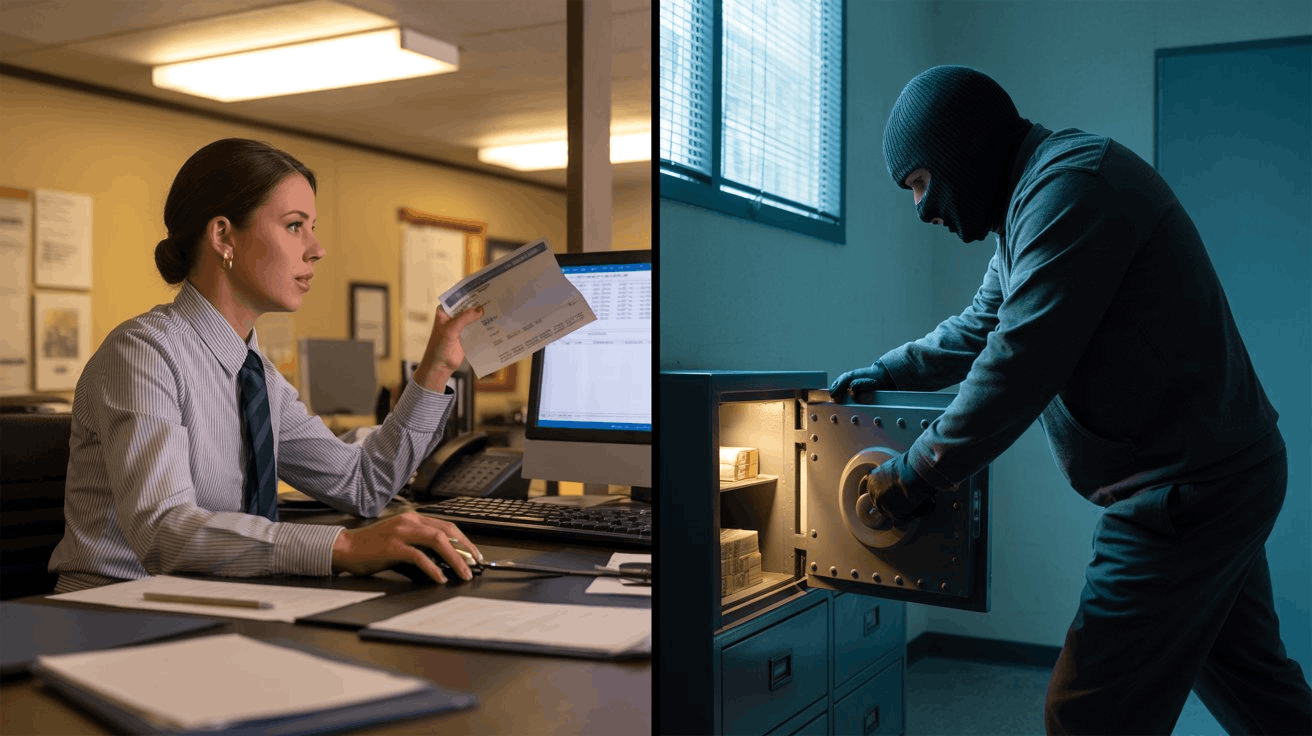 Split image showing an employee misusing funds vs thief breaking into a safe for comparison.