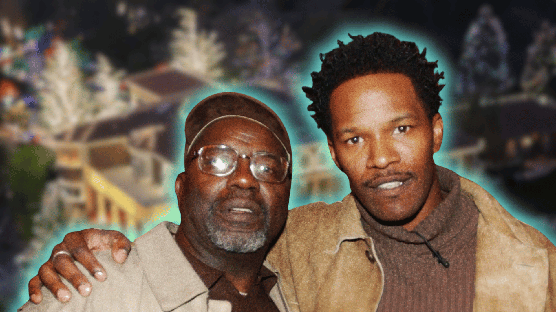 Jamie Foxx with his father, smiling in front of a softly blurred house background.