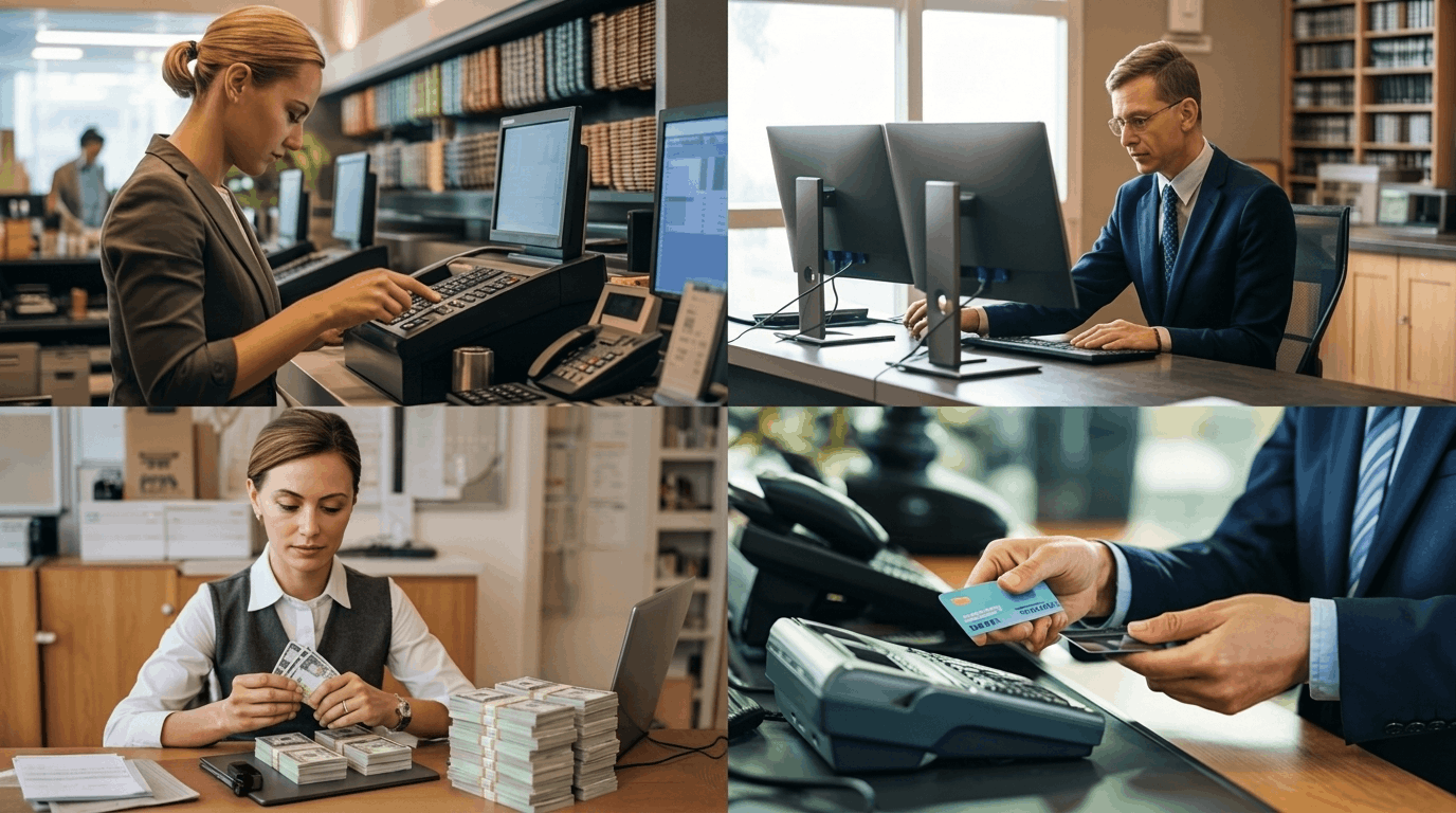 Collage of workplace embezzlement examples, like cash handling and card misuse.