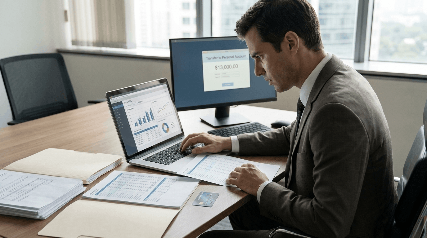 Employee transferring company funds to personal account on laptop in office setting