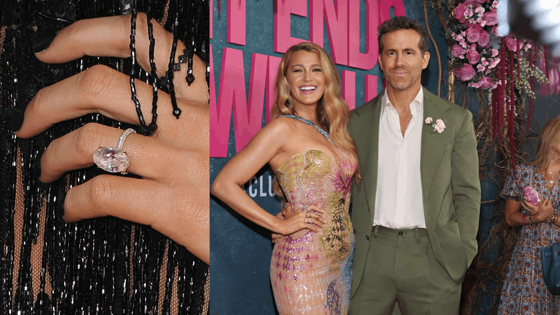 Blake Lively wears an oval-cut diamond engagement ring on her finger, elegantly highlighted in a close-up shot.