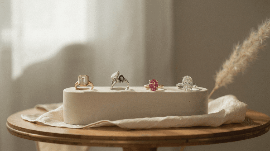 Four celebrity engagement rings on a stand: gold, sapphire, pink gem, and diamond, with soft light.