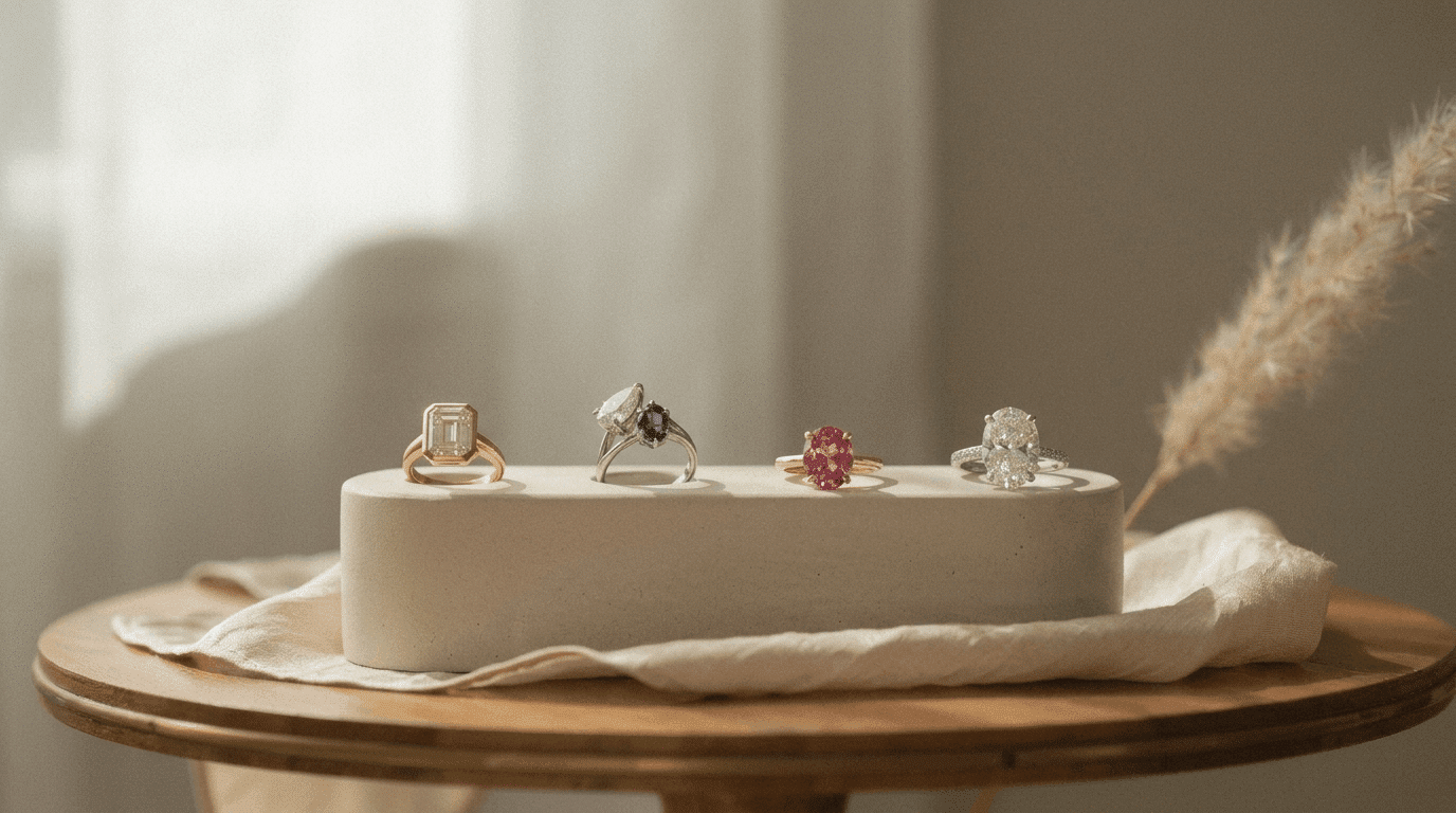 Four celebrity engagement rings on a stand: gold, sapphire, pink gem, and diamond, with soft light.
