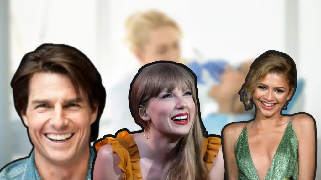 Close-up of three smiling celebrities cut out against a blurred background. From left to right: Tom Cruise, Taylor Swift, and Zendeya.