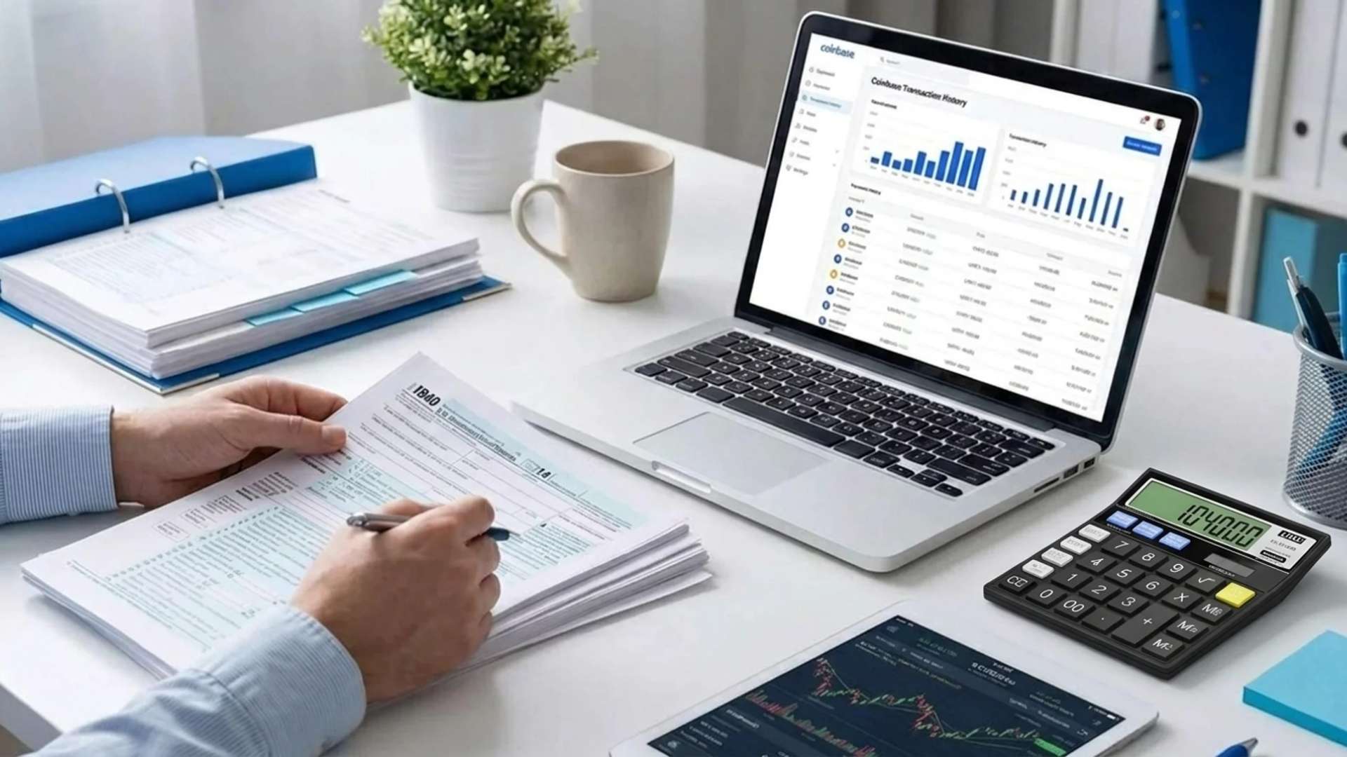 Person reviewing Coinbase transaction history and completing crypto tax forms at a desk.