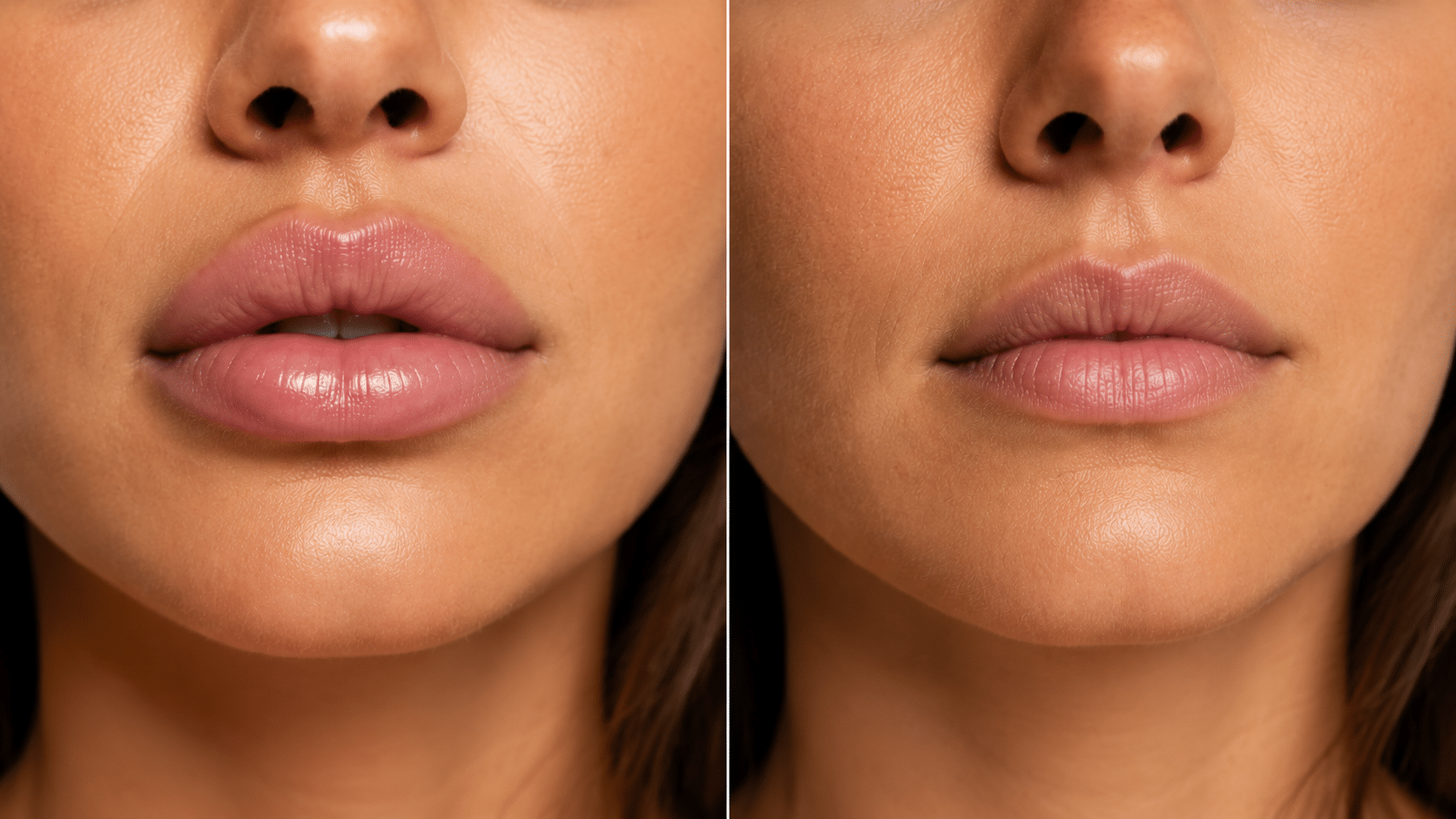 Side-by-side comparison of lip fillers versus natural-looking lip lift results showing difference in structure and definition