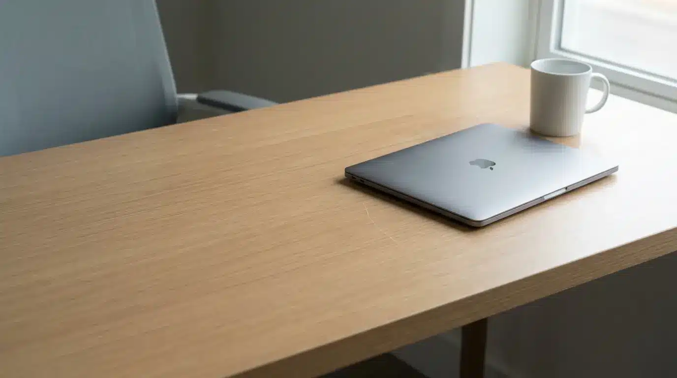 Laptop and white mug on wooden desk near window in a minimalist office setting