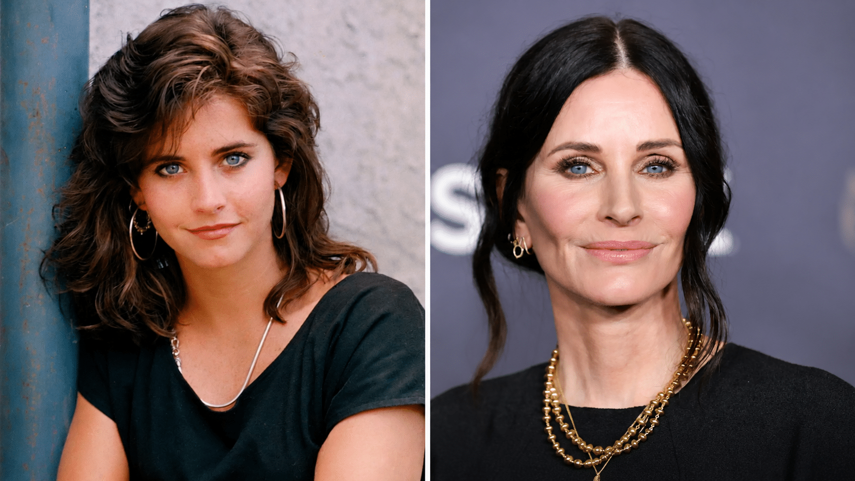 Courtney Cox lip comparison showing softer, more balanced upper lip appearance in recent years versus earlier look