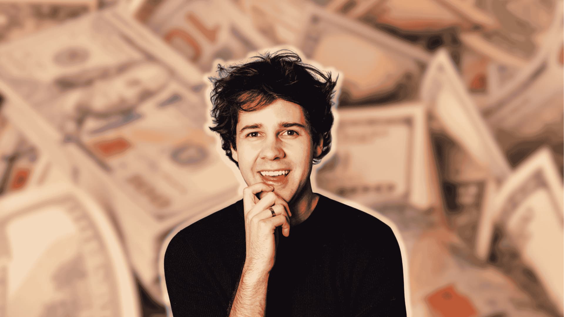 David Dobrik smiling in front of a background of U.S. dollar bills, symbolizing his net worth and wealth.