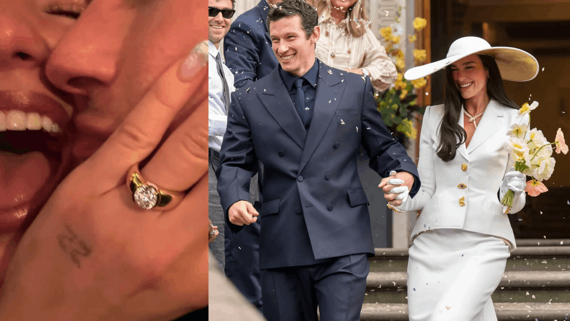 Dua Lipa’s engagement ring features a dark pear-shaped diamond paired with a sparkling band, elegantly shown on her hand.