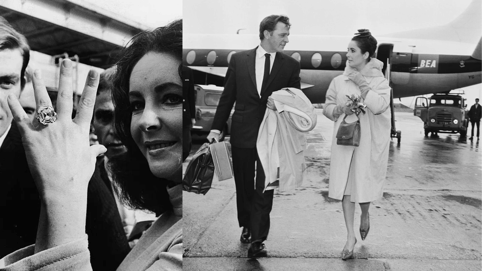 Elizabeth Taylor’s iconic engagement ring shows a huge solitaire diamond, photographed in black and white.