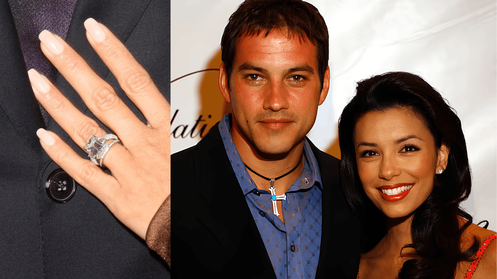 Eva Longoria’s engagement ring features a large oval diamond on a simple band, captured on her hand.
