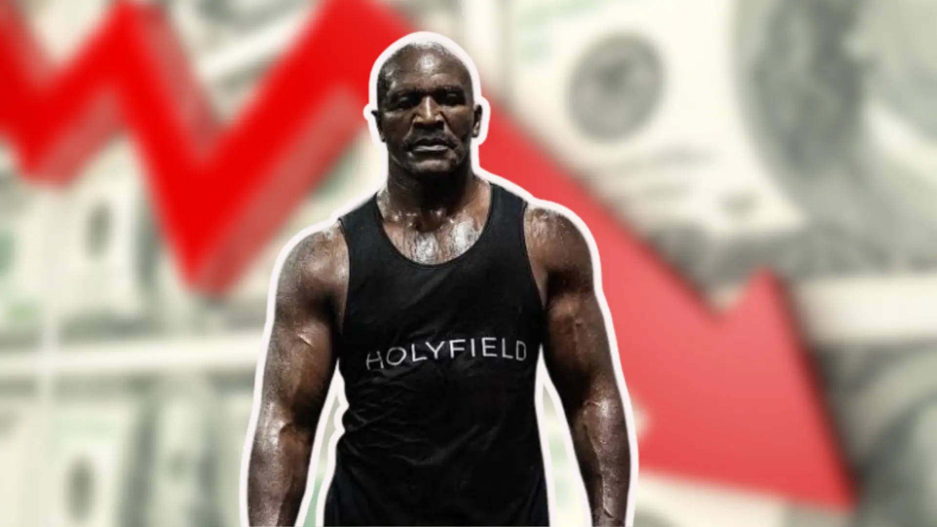 Evander Holyfield shown in a stylized graphic representing his financial decline, with a blurred money-themed background and a downward red trend line.