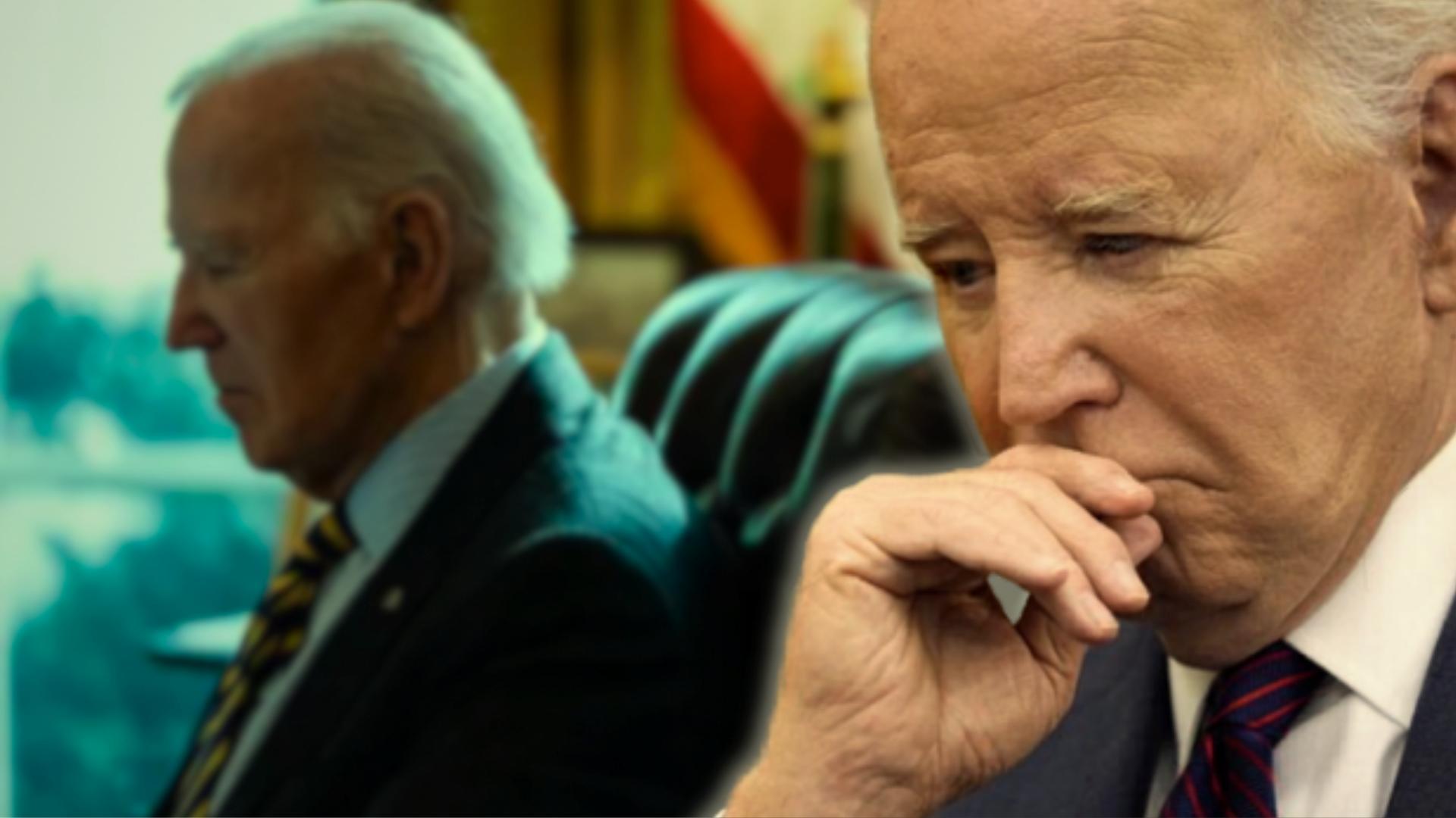 joe biden sitting straight on a chair with overlay of his image where his expressions shows he is thinking