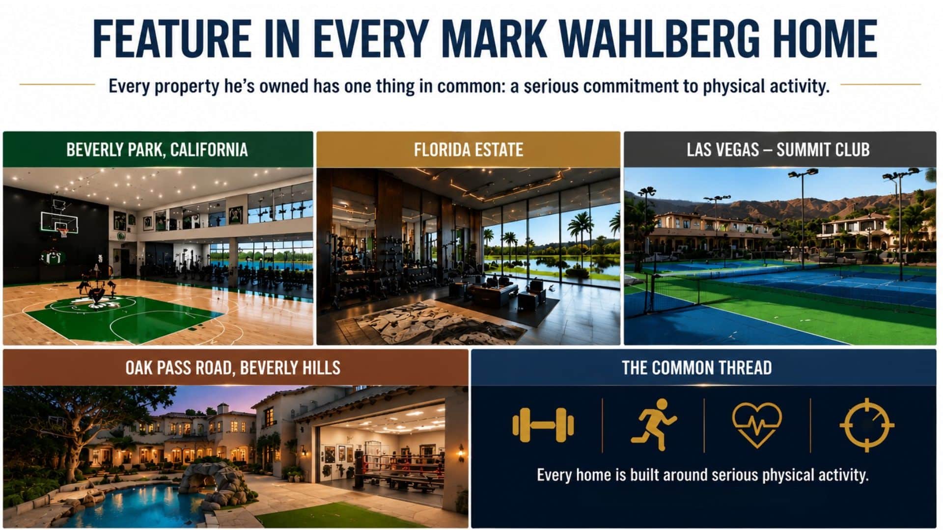 Infographic highlighting Mark Wahlberg’s homes, showing Beverly Park, Florida estate, Las Vegas Summit Club, and Oak Pass Road.
