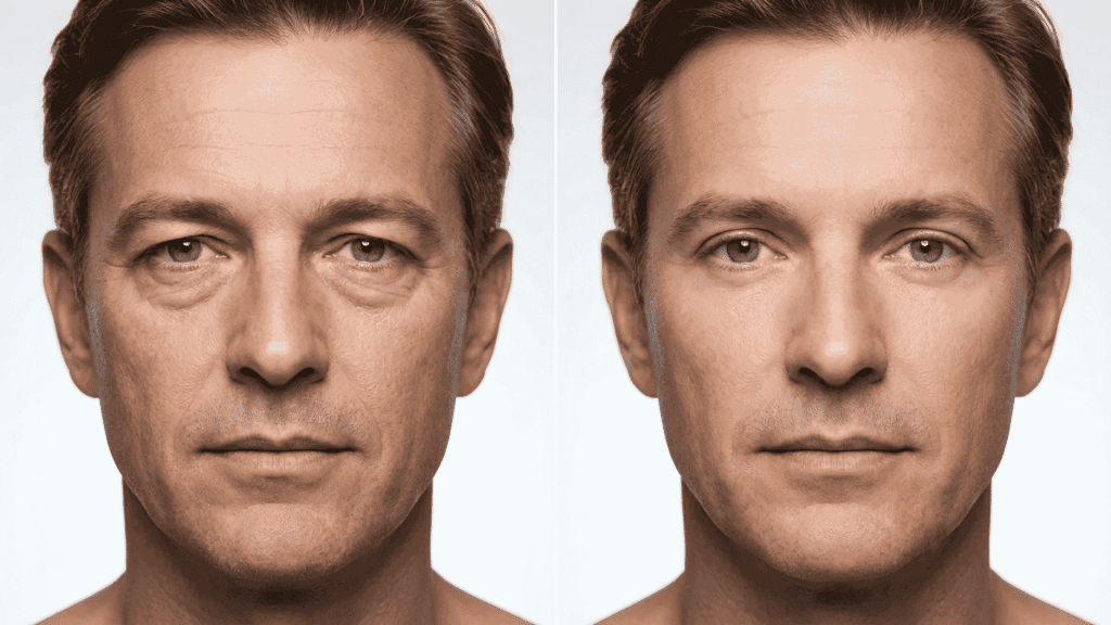 Blepharoplasty before and after comparison showing natural eyelid and under-eye rejuvenation