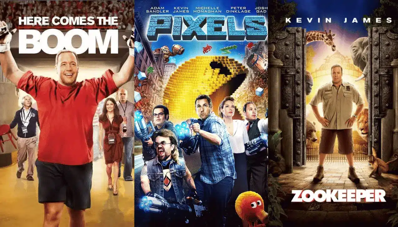Kevin James movie posters including Pixels, Here comes the boom and Zookeeper, showing his film career contributing to his net worth.