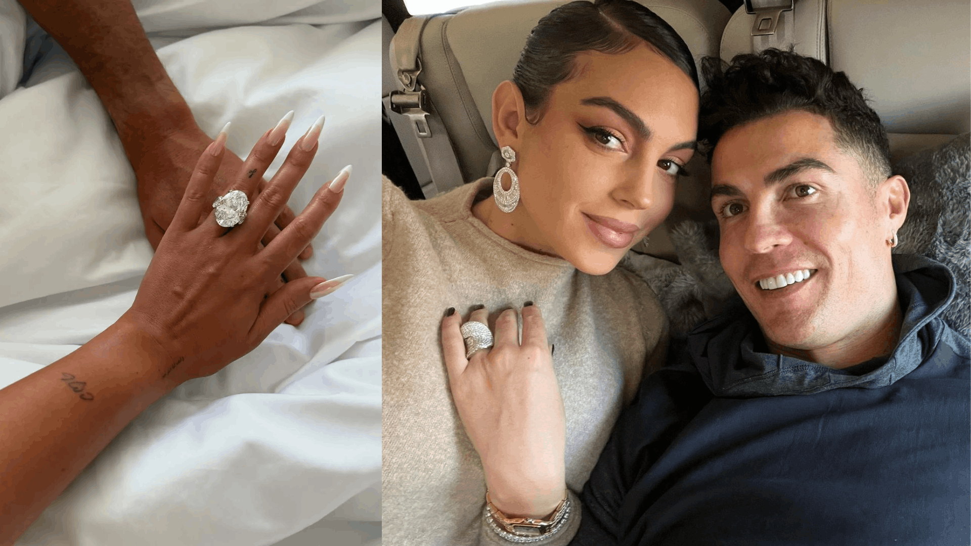 Georgina Rodriguez displays a large oval diamond ring on her hand at a red carpet appearance.