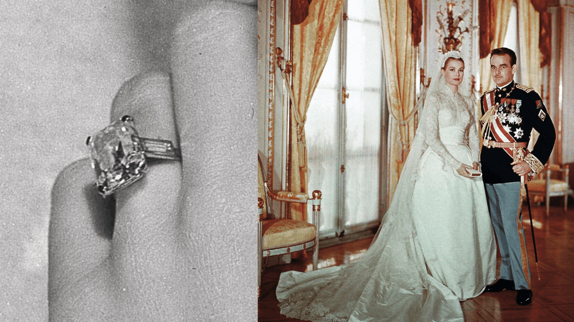 Grace Kelly’s historic engagement ring features a large solitaire diamond, captured alongside her wedding portrait.