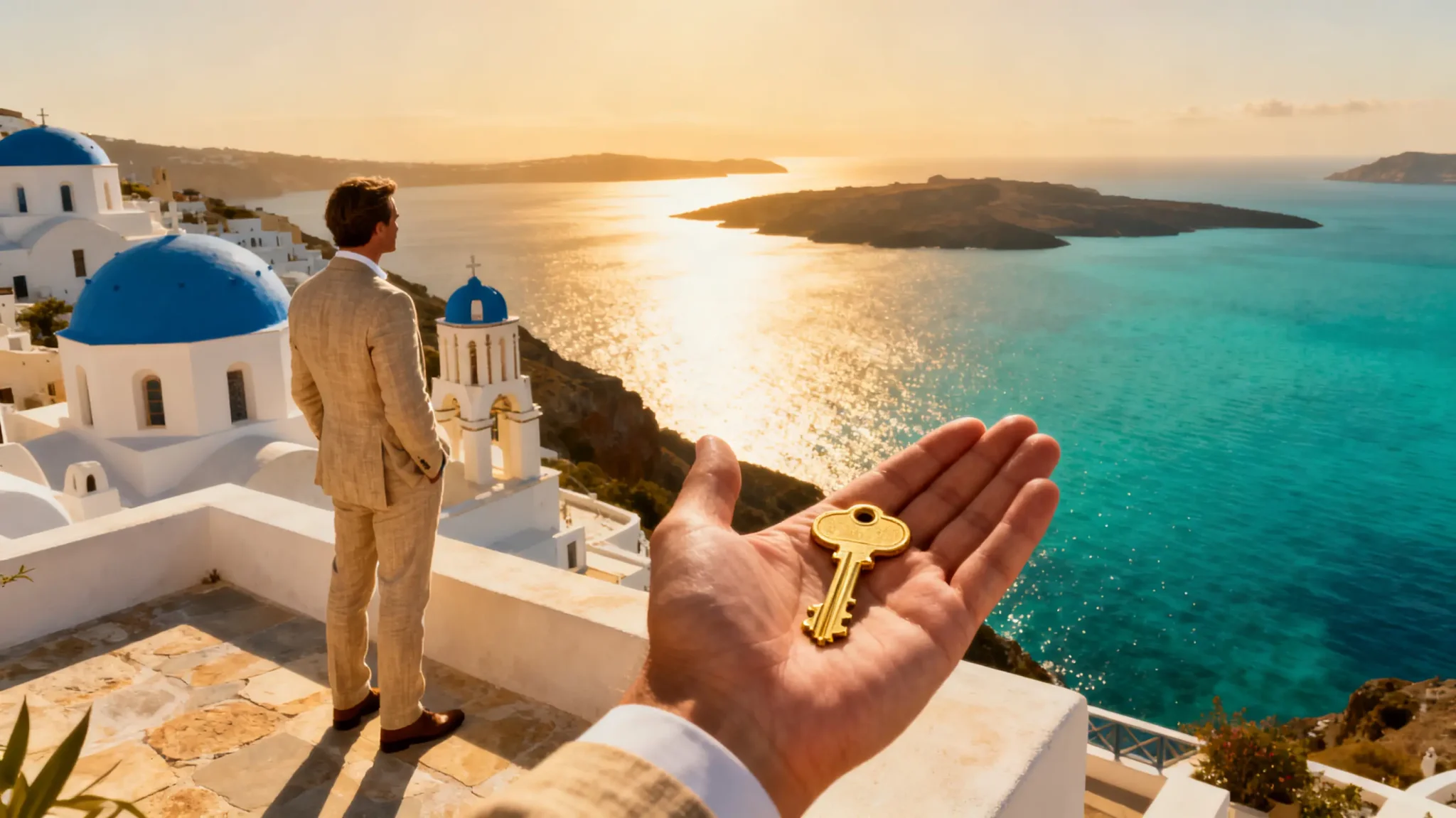 Man in beige suit overlooking ocean view with key in foreground on a terrace