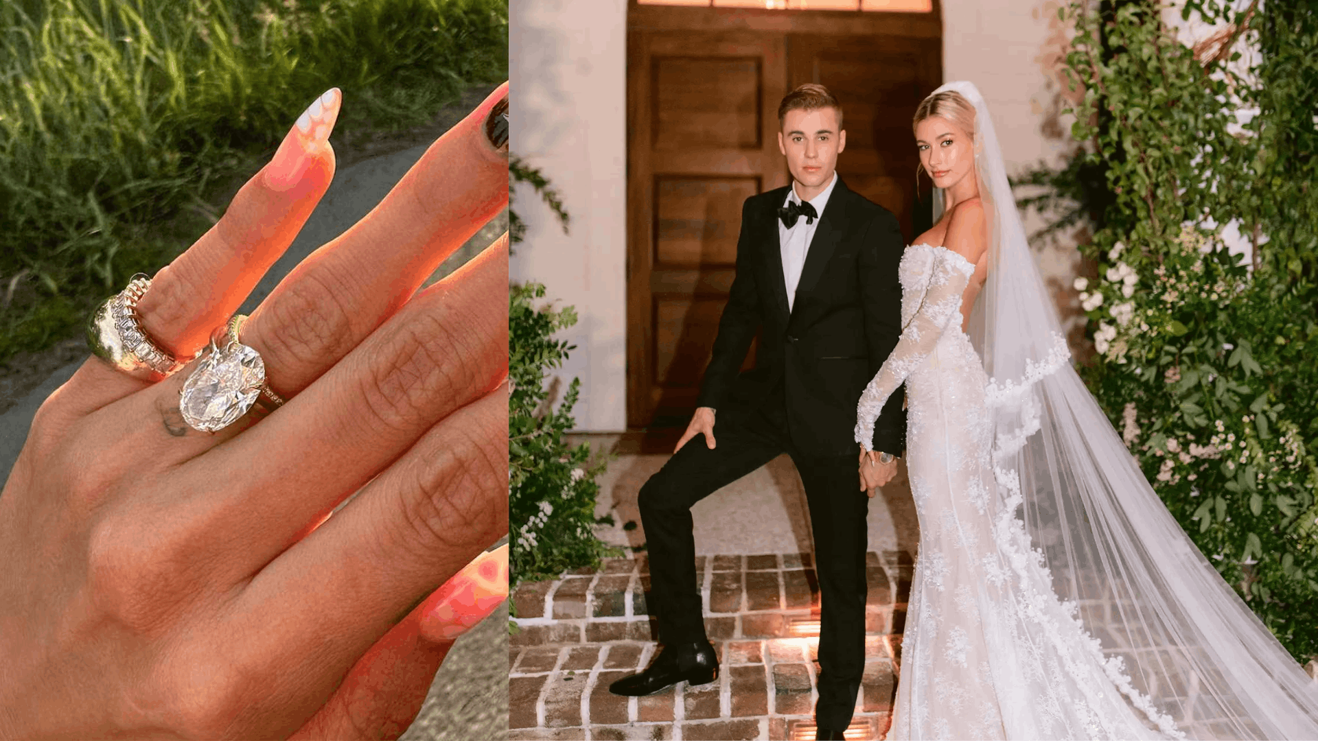 Hailey Bieber wears a cushion-cut diamond engagement ring on her hand, styled with subtle jewelry.