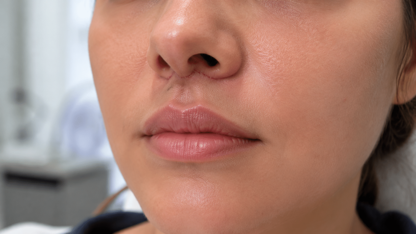 Lip lift recovery process showing natural healing of upper lip area with mild swelling gradually settling and incision blending into skin over time