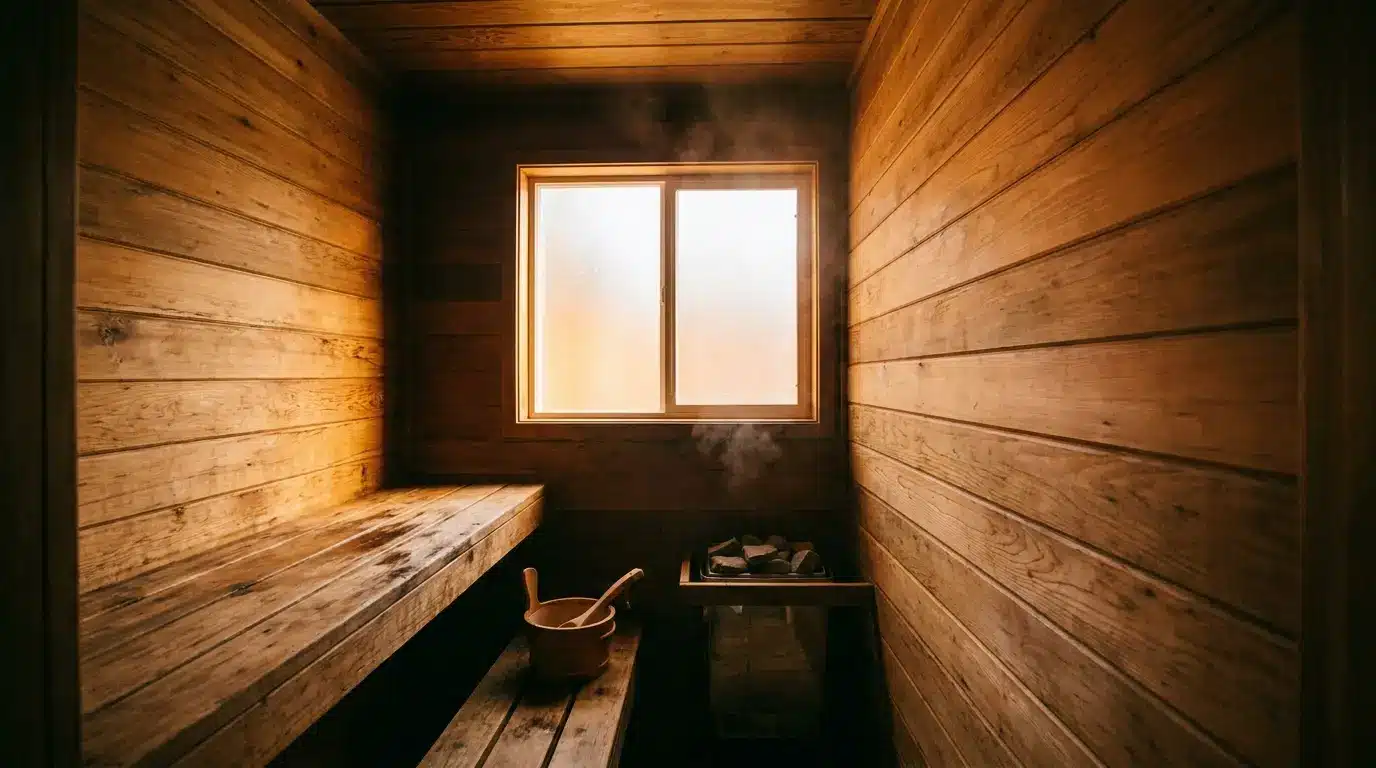 Rustic wooden sauna interior with warm lighting, steaming rocks, and wooden bucket on the bench