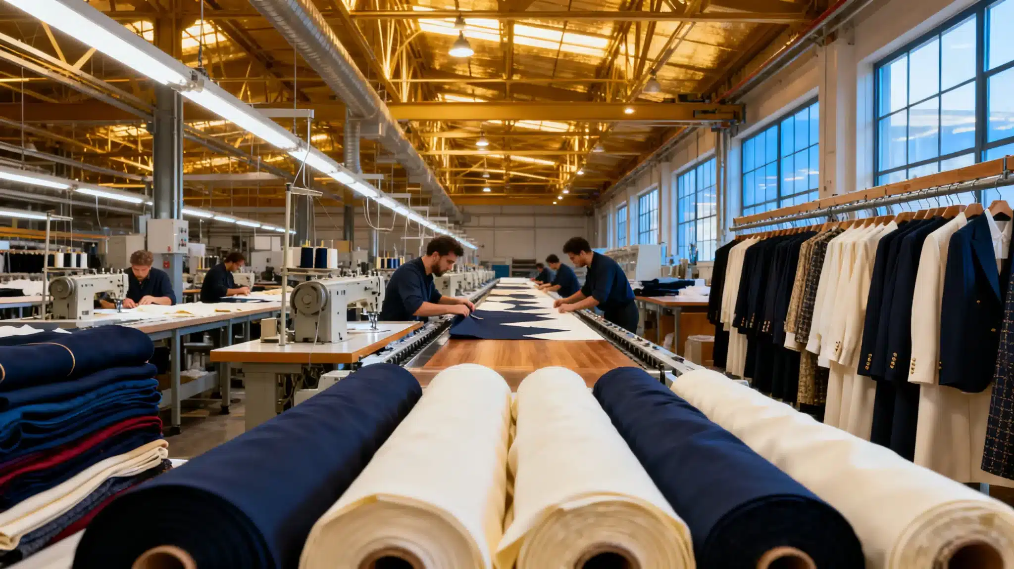 Tailors working on fabric within a bright, spacious garment factory with clothing racks nearby