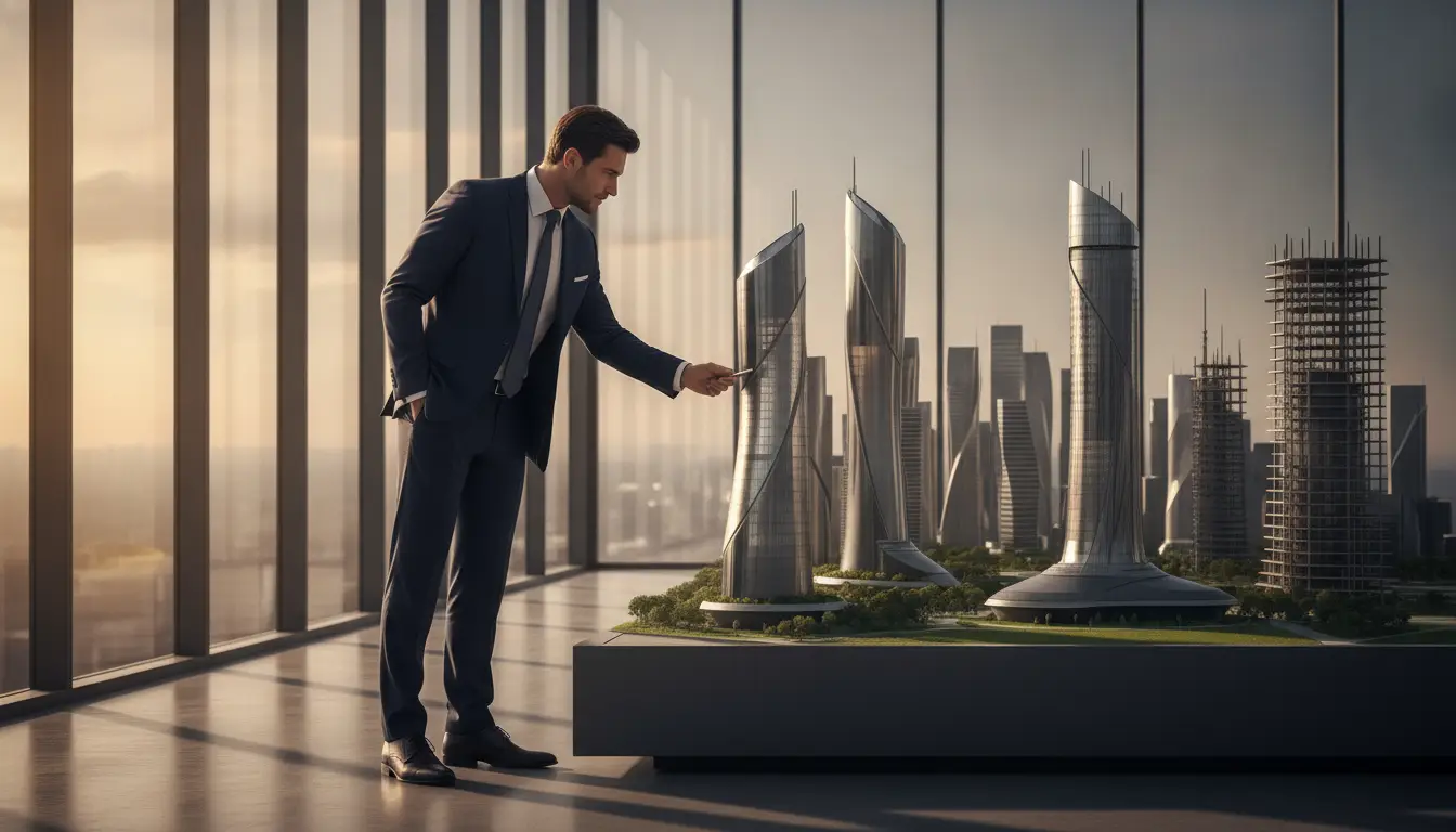 Architect in suit examining futuristic skyscraper model in modern office with city skyline background