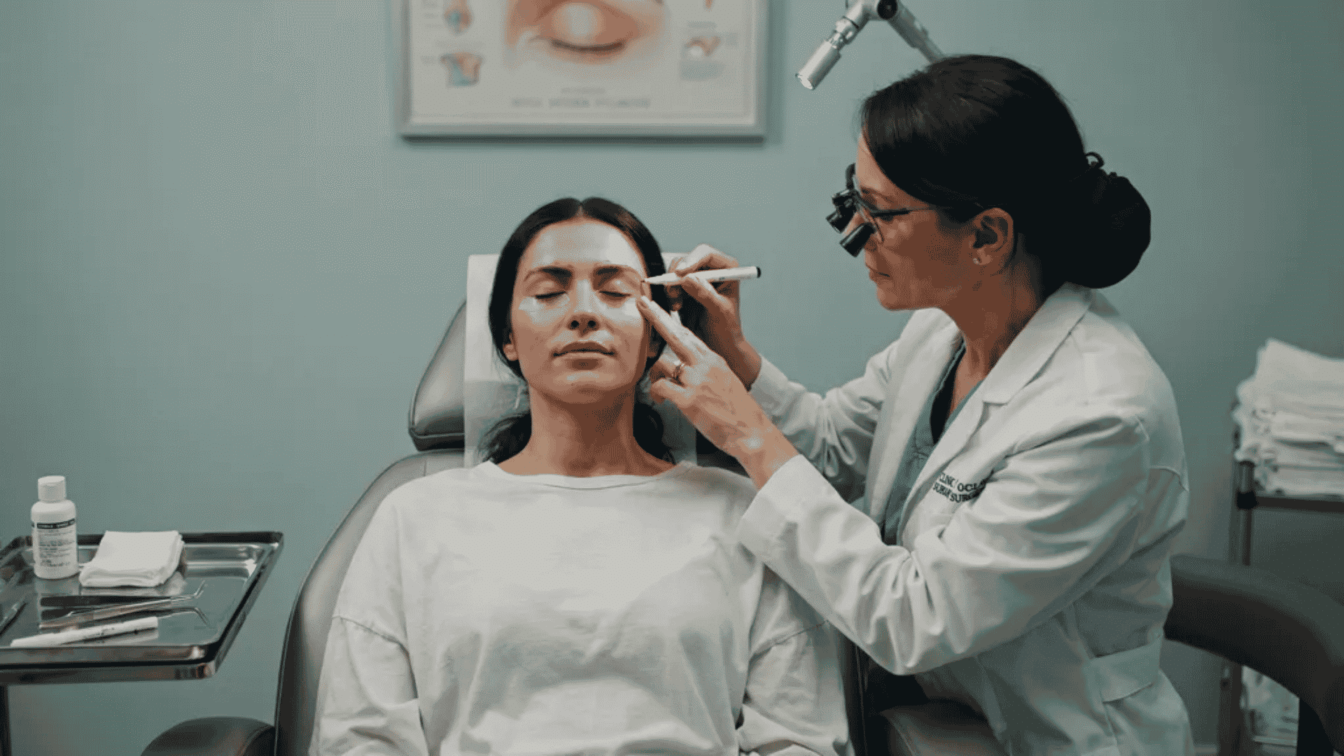 Surgeon preparing a patient for eyelid surgery