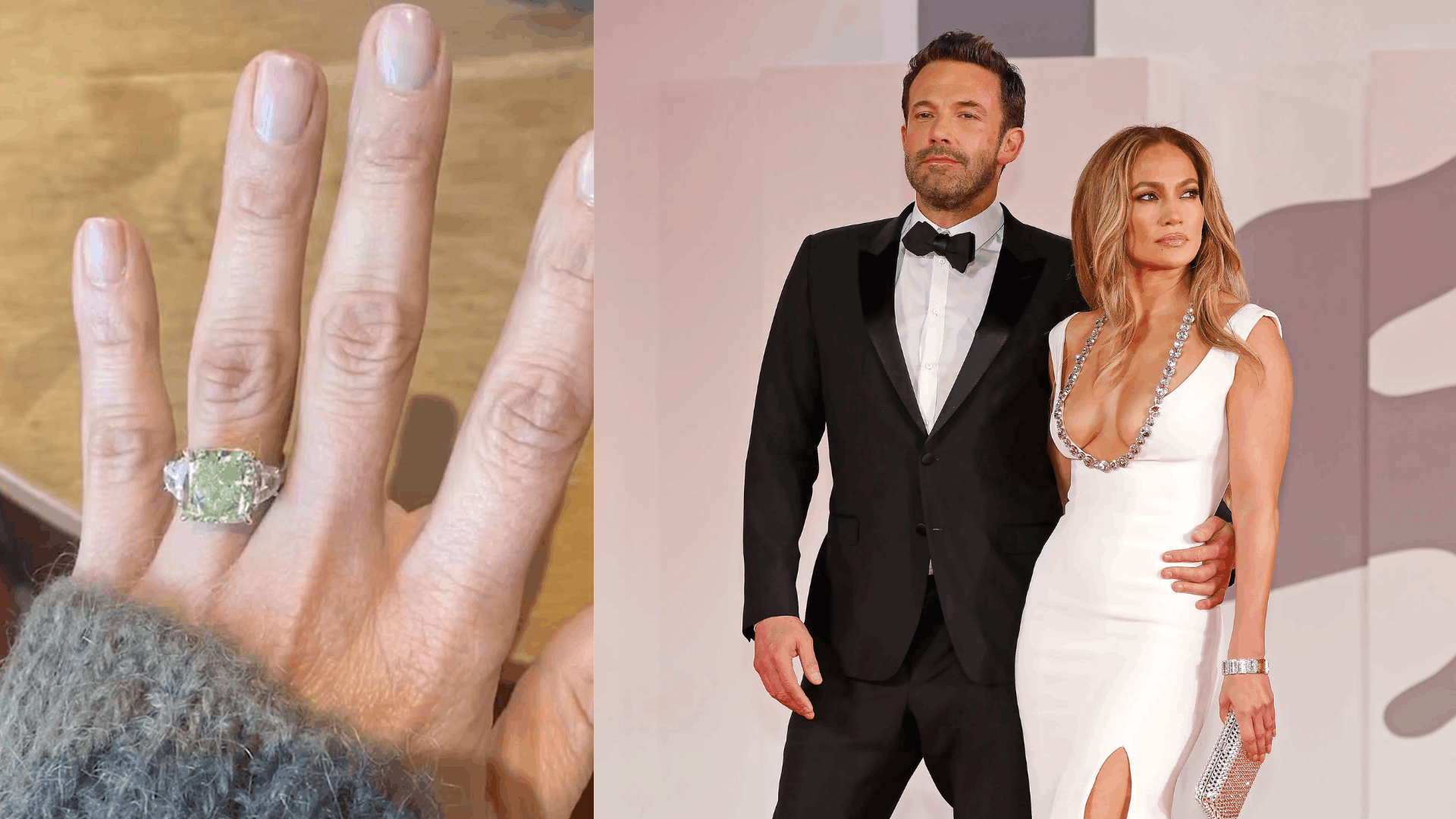 Jennifer Lopez’s engagement ring displays a rare green diamond flanked by white diamonds, photographed on her hand.