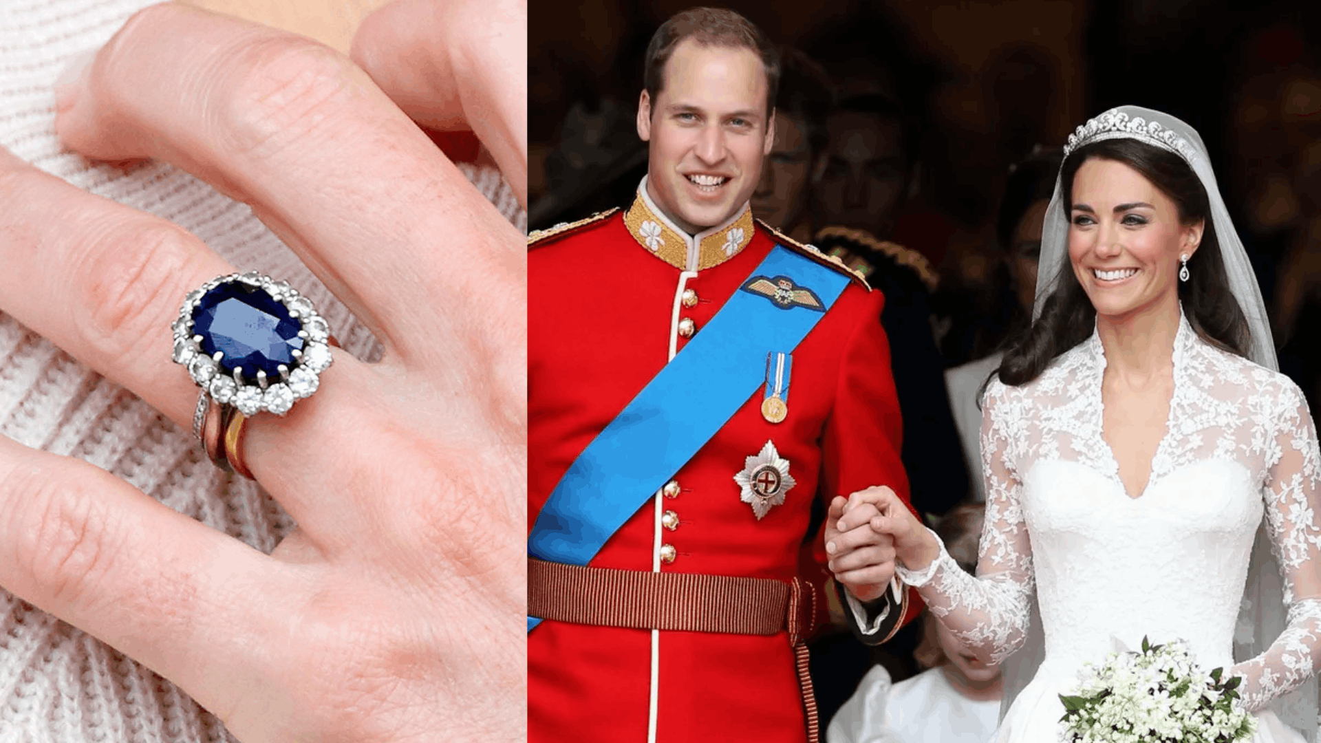 Kate Middleton’s sapphire and diamond engagement ring, a classic royal design, showcased on her hand.