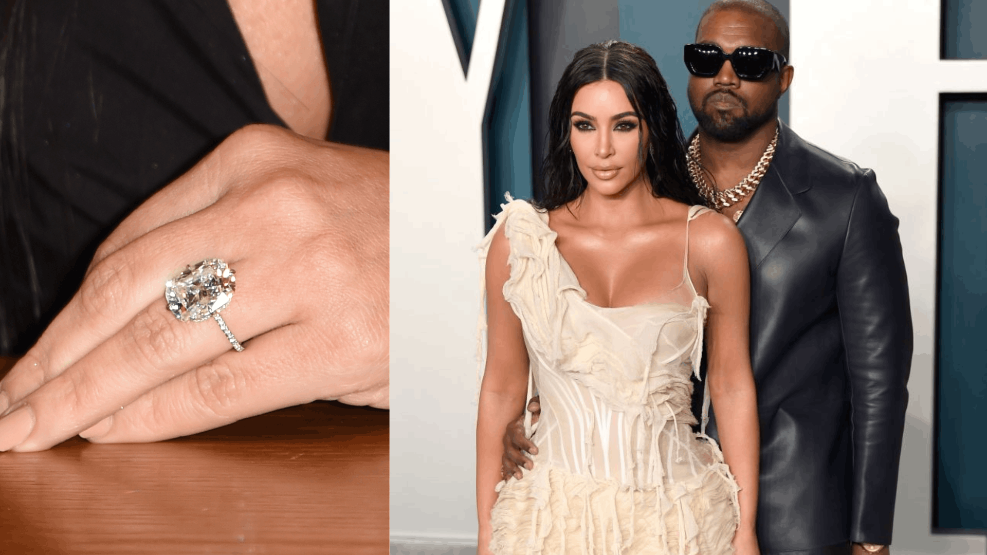 Kim Kardashian’s engagement ring features a dramatic cushion-cut diamond on a polished band, captured in a close-up.