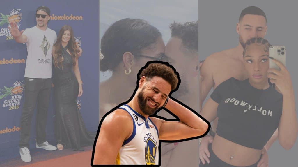 Klay Thompson collage featuring past and recent relationship photos with different women.