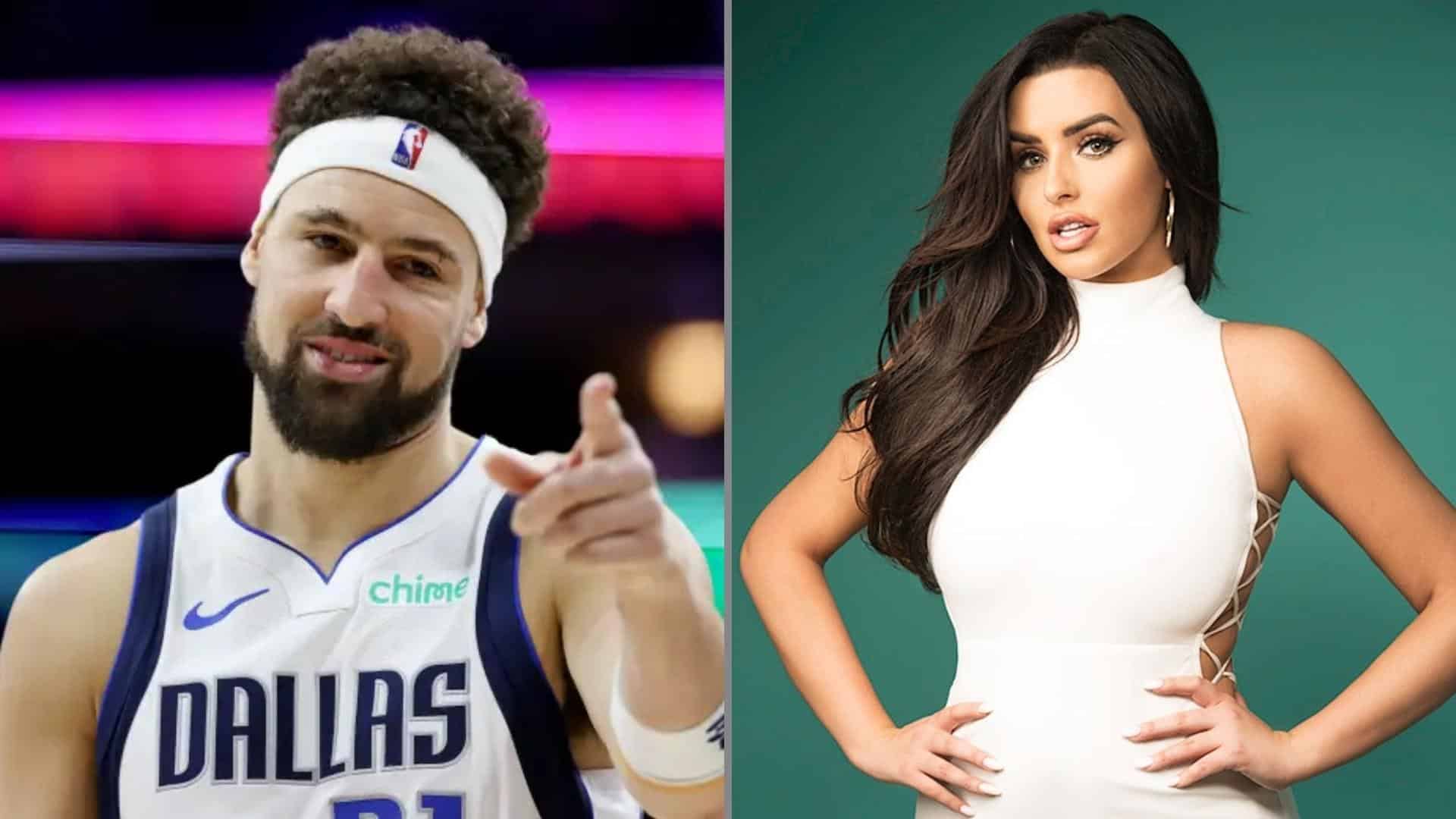 Klay Thompson beside Abigail Ratchford in a split-image celebrity collage.