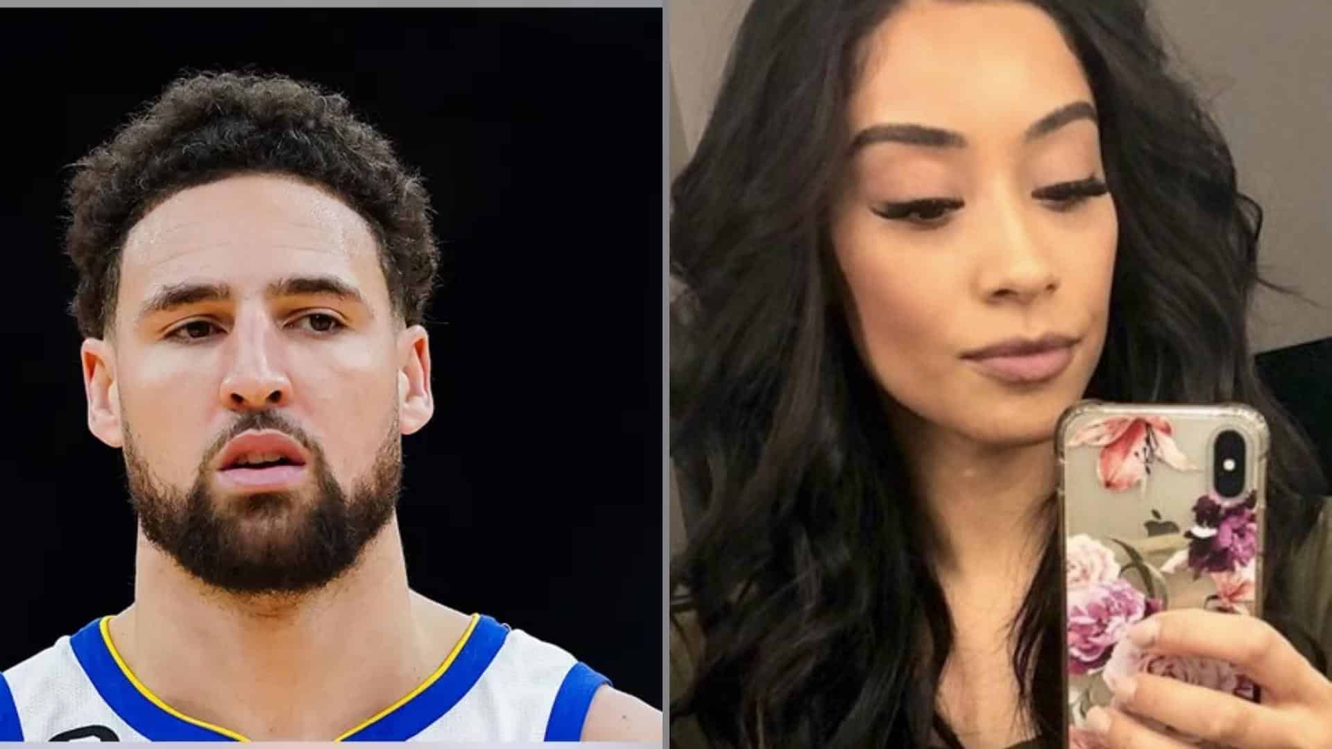 Klay Thompson besid Carleen Henry taking a mirror selfie in a split-image collage.