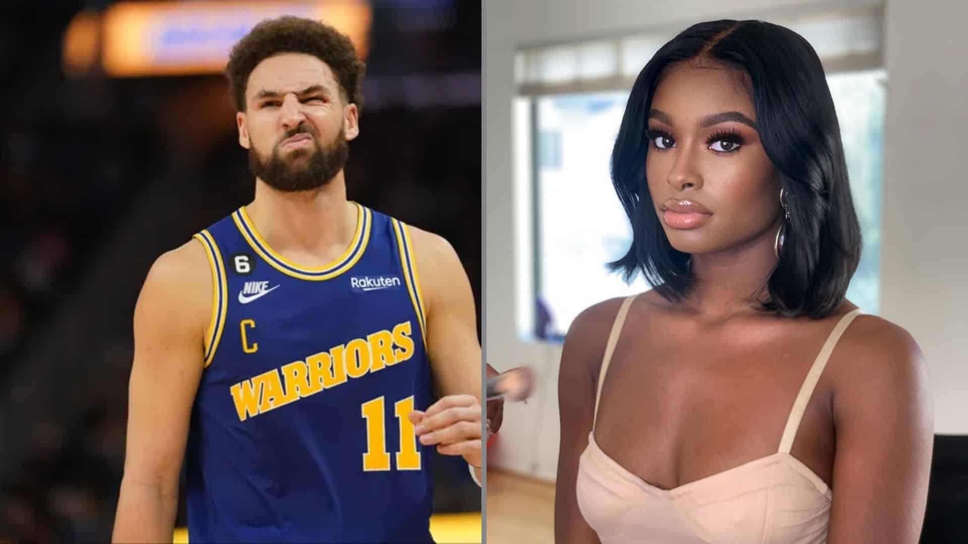 Klay Thompson beside Coco Jones in a side-by-side celebrity photo collage.